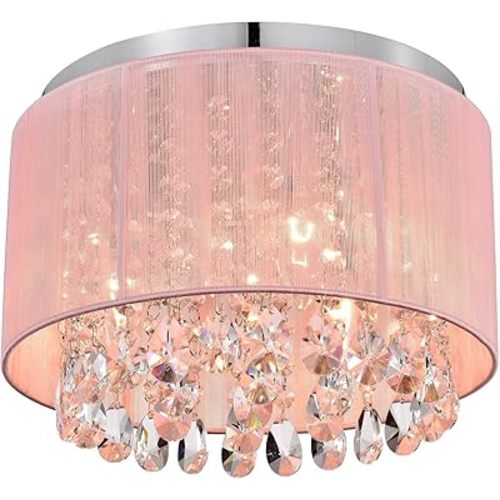 LaLuLa Pink Chandelier Drum Flush Mount Chandelier Crystal Ceiling Light Fixture 3 Light Bedroom Chandelier