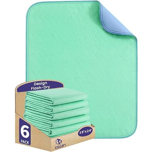 Washable Underpads,18" x 24" (Pack of 6) - Super Absorbency Reusable Bedwetting Incontinence Pads for Kids, Adults, Elderly, and Pets - Waterproof Protective Pad for Couch, Sofa, Floor,Bed