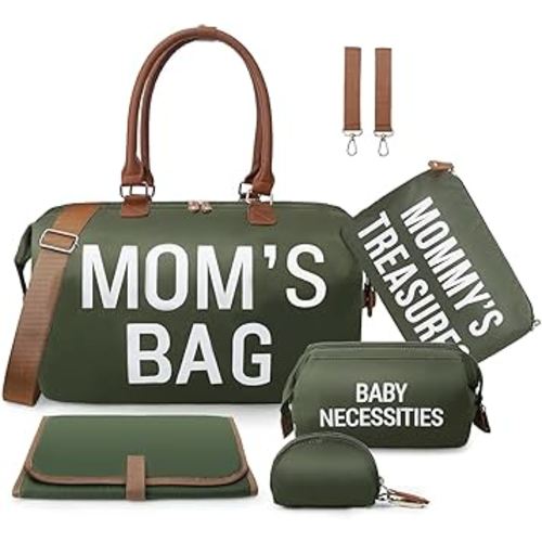 printe 6pcs Large Diaper Bag Tote with Changing Pad & 2 Organized Pouches, Mom's Bag for Hospital with Pacifier Case, Straps, Stroller Hook, Baby Diaper Bag for Weekender Travel, Olive Green