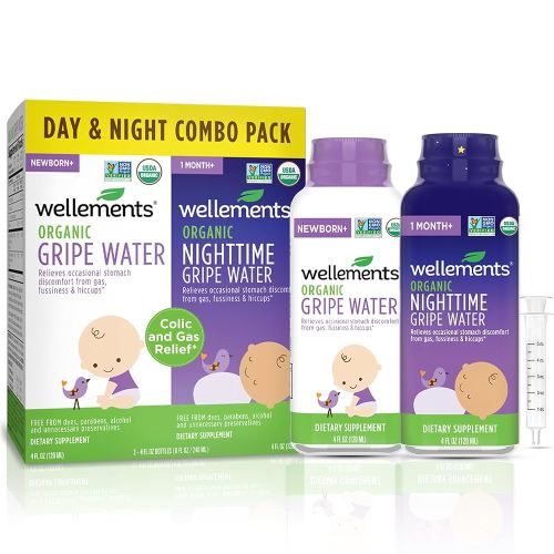 Wellements Organic Gripe Water for Babies Day & Night Combo Pack (4 Fl Oz) - Infant Gripe Water Newborn Calms Occasional Stomach Discomfort from Baby Gas, Colic, Hiccups & Fussiness - USDA Certified