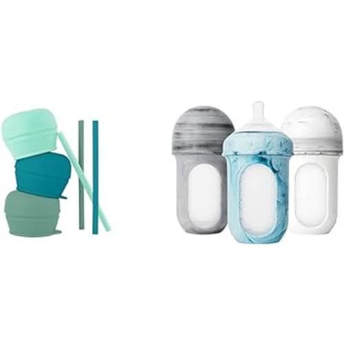 Boon Snug Silicone Sippy Cup Lids and Straws - Includes 3 Lids and 3 Straws & Nursh Reusable Silicone Baby Bottles with Collapsible Silicone Pouch Design