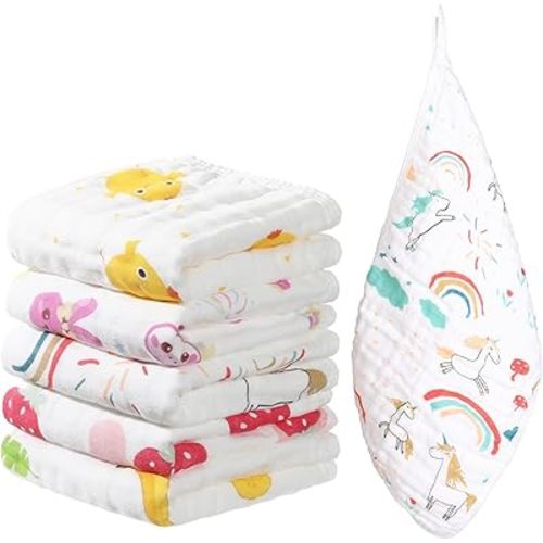 Muslin Burp Cloths 100% Cotton 20''x10'' Hand Washcloths for Baby, Super Soft and Absorbent 6 Layers Baby Burping Cloth for Boys Girls (Rainbow & Animals, 6 Pack)