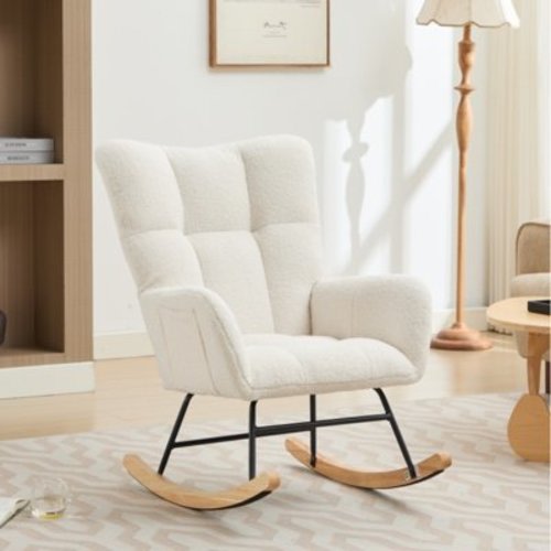 Modern Nursery Rocking Chair Upholstered Glider Chair with High Backrest Rocker Accent Armchair with Solid Wood Legs for Nursery Bedroom Living Room Teddy(BLACK)