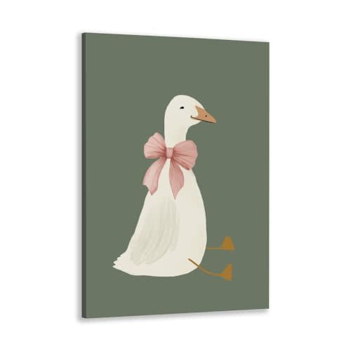 Silly Goose Bow Canvas Prints - Cute Goose Poster, Sage Green Nursery Wall Decor, Farm Animal Print, 8x12 Inch Framed