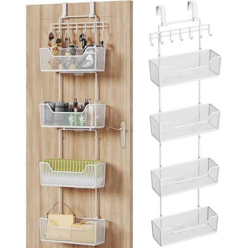 HapiRm Over Door Organizer Storage - Hanging Door Organizer with 4 Metal Large Capacity Baskets and Adjustable Coat Hook for Bathroom Bedroom Kitchen Pantry Closet Cabinet