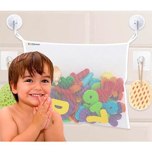 Bath Toy Net 18x16 Inch Kids Bath Tub Toy Holder, Corner Mesh Bag, Baby Bathtub Storage Organizer, Large Bathroom Bucket Bin, Toddler Shower Caddy Hanging Basket, 2 Suction Cups 2 Adhesive Wall Hooks