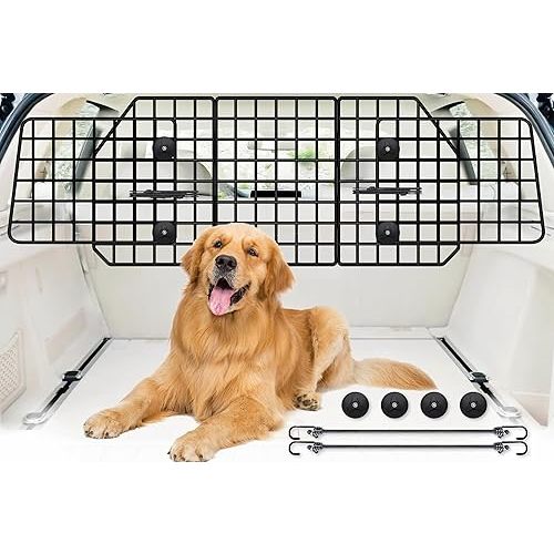 FEED GARDEN Dog Car Barrier for SUVs, Adjustable Universal-Fit Heavy-Duty Wire Mesh Pet Divider for Vehicles, Trucks, Vans, Car Accessories Safety Travel, Triple Folding (36.6"-60.6")
