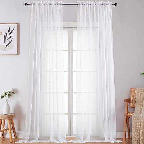Extra Long Sheer White Curtains for Bedroom Living Room 108 Inches Long 2 Panels Set, Solid Soft Light Filtering Rod Pocket Sheer Window Curtains, White, Each 59" Wx108 L Inch