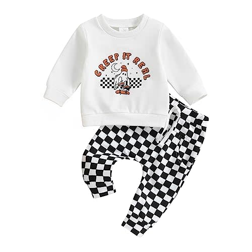 Toddler Baby Boy Halloween Outfit Ghost Print Sweatshirt Tops Checkerboard Pants Set Cute Infant Newborn Fall Clothes (White, 6-12 Months)
