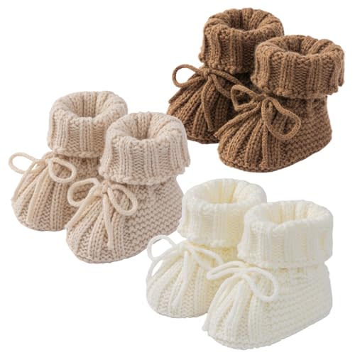 Baby Booties Newborn Soft Knit Sock Shoes for 0-6 Months Infant Girl Boy First Walking 3 Packs