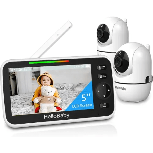 HelloBaby 5’’ Baby Monitor with 26-Hour Battery, 2 Cameras Pan-Tilt-Zoom, 1000ft Range Video Audio Baby Monitor No WiFi, VOX, Night Vision, 2-Way Talk, 8 Languages and Baby Registry Search