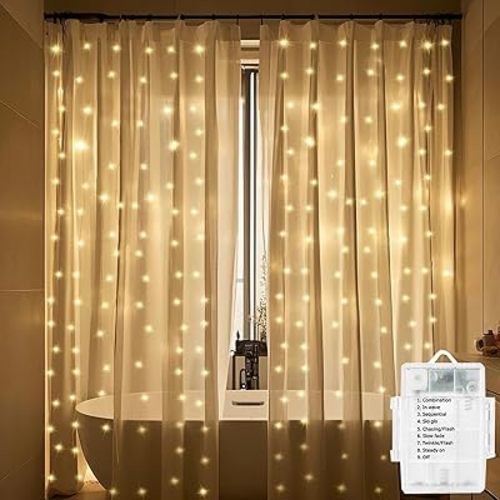 Solhice Fairy Lights for Shower Curtain, 72 x 72 Inches Battery Operated Waterproof Christmas Curtain String Lights with 10 Hooks for Bathroom, 180 LEDs Indoor Outdoor Decor (NO Curtain)