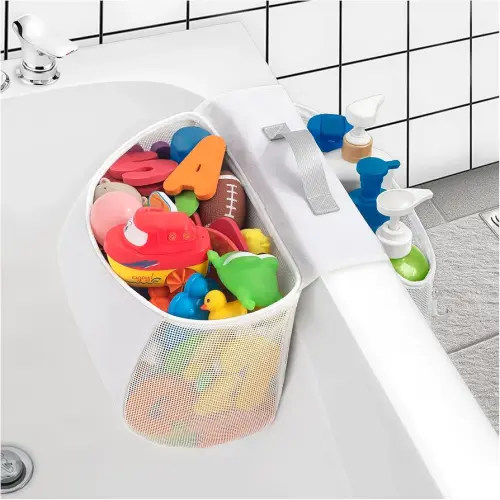 Saddle Shape 2 Compartments Bath Toy Organizer, Easy Access for Children, Wide Opening Bath Toy Holder for Drying Toys and Storage, Mesh Shower Toy Holder and Bath Tub Toy Storage Organizer for Tub.