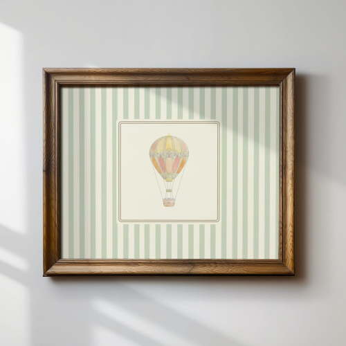Sweet Sage Green Striped Vintage Hot Air Balloon Art Print, Horizontal, Instant Nursery Illustration Wall Art, Modern Wall Decor For Living Room, 8x12 UNFRAMED