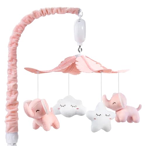 FEISIKE Crib Mobile for Girls Baby Mobiles with 3 Modes Digital Music BoxTurn Only, Music Only, Turn & Music, 35 Lullabies, Pink Elephant Nursery Mobile, Clamp Type, Pretty Box Packaging