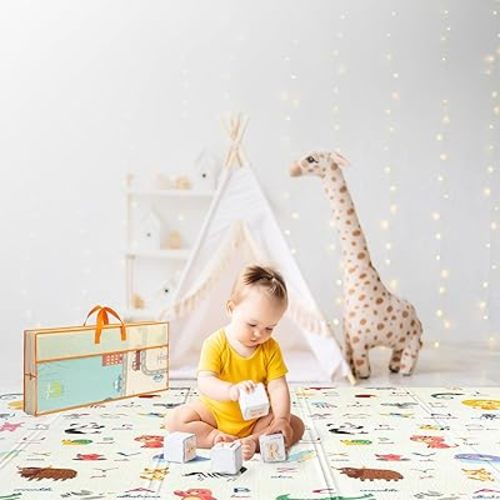 Foldable Baby Play Mat, Extra Large, Non-Toxic, Waterproof Activity Playmats for Babies, Education for Infant, Non-Slip Double Sided (79”x71” 0.6 in Milky) Boys and Girls