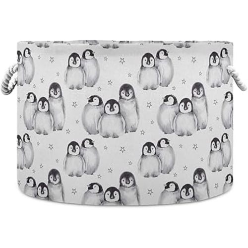 Penguin Storage Basket Penguin Basket Large Penguin Storage Basket Round Baby Clothes Hamper Bin Canvas Organizer Box Cotton Rope Collapsible Bucket
