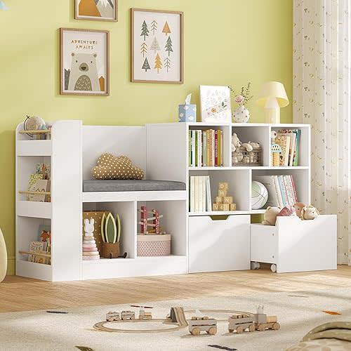 62.2” Kids Bookshelf with Reading Nook, Kids Bookcase with Seat Cushion and 6 Storage Cubbies, Side Shelves, Toy Storage with 2 Movable Drawers, Hidden Wheels, for Playroom and Bedroom, White