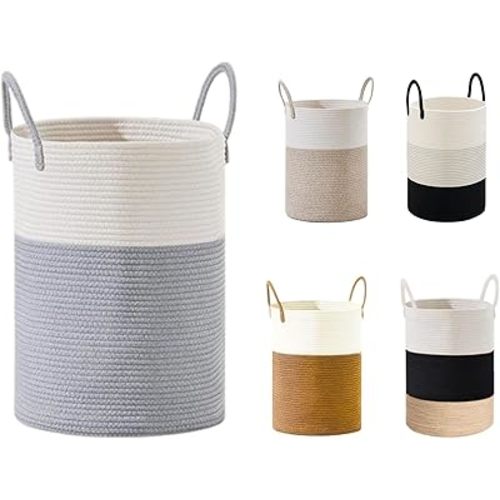 Maxona Laundry Basket with Handles White, Blue Color 58L: 1 pack 15’’x20’’ Large Woven Cotton Rope Tall Nursery Hamper Storage Bag for Dirty Clothes Blanket Baby Kids Toy Living Room Towels Bin