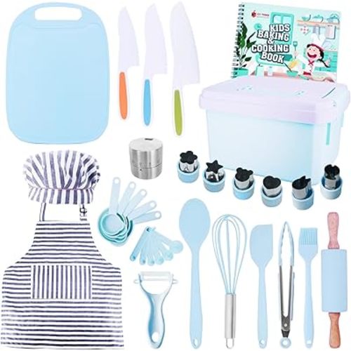 JoyTown Kids Cooking and Baking Set with Storage Case – Real Cooking Supplies with Cookbook, Knives, Timer, Kids Baking Kit for Girls & Boys – Complete Utensils Accessories with Chef Apron & Hat