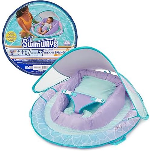 Swimways Infant Spring Float, Baby Pool Float with Canopy & UPF Protection, Swimming Pool Accessories for Kids 3-9 Months, Mermaid