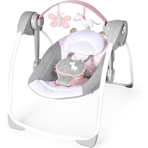 Ingenuity Comfort 2 Go Compact Portable 6-Speed Cushioned Baby Swing with Music, Folds Easy, 0-9 Months 6-20 lbs (Pink Flora the Unicorn)