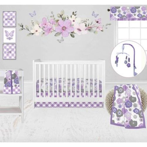 Bacati - Watercolor Floral Purple Gray 10 Pc Girls Baby Crib Bedding Set With 2 Crib Fitted Sheets 100% Cotton Fabrics