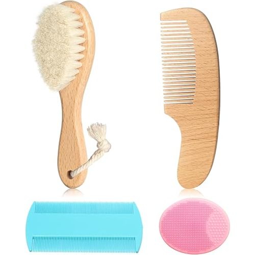 Goat Baby Hair Brush Set, Safe Natural Hair Care Kit with Wooden Soft Goat Bristles Brush Comb Pink Silicone Bath Brush for Newborns Toddlers (4pcs Set)