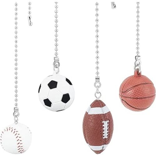 BENECREAT 4 Pack Sports Ceiling Fan Pull Chain 14inch Basketball Soccer Baseball Rugby Ornaments Pendant Light Pull Chain Extension Set for Ceiling Light Lamp Fan