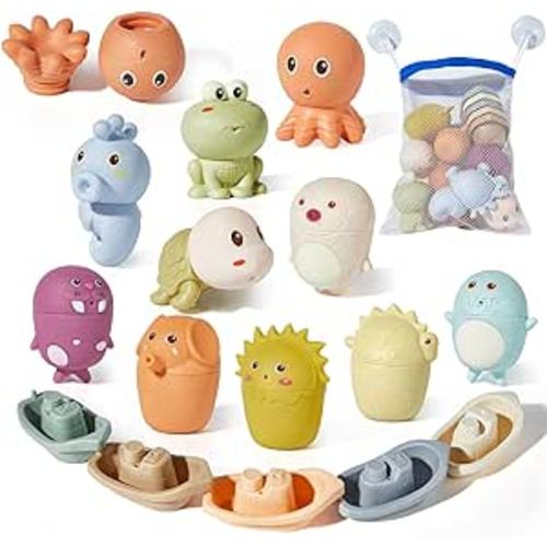 Silicone Animal Bath Toys with Floating Boats for Toddlers 1-3, 15 PCS Mold Free Bathtub Toy for Infants 6-12 Months, Eco-Friendly Non Toxic Water Table Toys