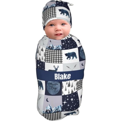 Custom Baby Swaddle Blanket for Boys Personalized Name Receiving Blankets with Hat Set for Newborn Infant Baby Gifts (Woodland Navy)