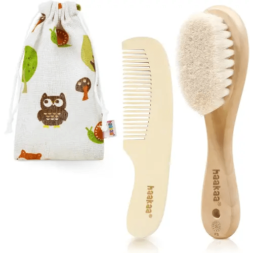 haakaa Baby Hair Brush and Comb Set for Newborns & Toddlers - Natural Soft Goat Bristles and Wooden Handle, Gently Grooms Baby's Hair, Ideal for Cradle Cap, Perfect Baby Gift, 2pk