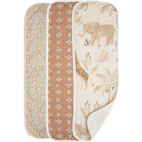 Crane Baby Muslin Baby Burp Cloths, Lightweight Absorbent Burp Cloth, Safari Animal, Set of 3, 7" x 20", Newborn Baby Essentials, Burp Cloths Baby Boy, Burp Cloths Baby Girl, Baby Newborn Essentials