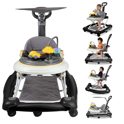 EONROACOO 5-in-1 Unisex Baby Walker with Toys, Music, Adjustable Height (Black)