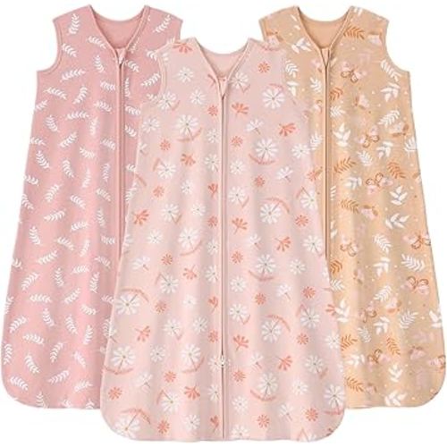 FIEMOL Baby Sleep Sack 0-6 Months, 100% Cotton Sleeping Sack for Newborn and Infant, 3 Pack Baby Wearable Blanket for Boy and Girl, 0.5 Tog Lightweight Double Zipper Sleep Bag Pink Orange Flower