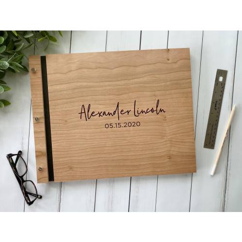 Personalized Baby Memory Book | Gender Neutral Baby Book with Wooden Cover | Baby Shower Gift