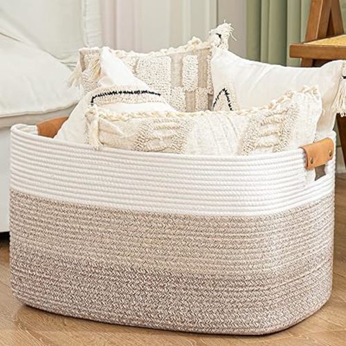 danpinera Blanket Basket, 72L Woven Storage basket with Leather Handle, Eco-friendly Decorative storage Organization in bathroom & Living Room for Towels, Dolls 22 ''*17 ''*11.8 '', Gradient Brown