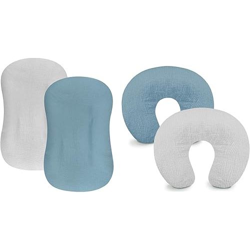 Hooyax Muslin Baby Lounger Cover 2 Pack and Muslin Nursing Pillow Cover 2 Pack, Soft and Breathable Infant Lounger Cover for Newborn, Adorable Infant Feeding Pillow Cover for Baby(Blue Grey)