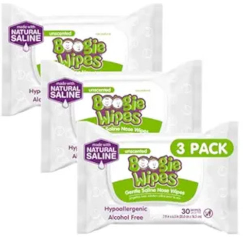 Boogie Wipes Saline Nose Wipes, 30 Count (3-Pack)