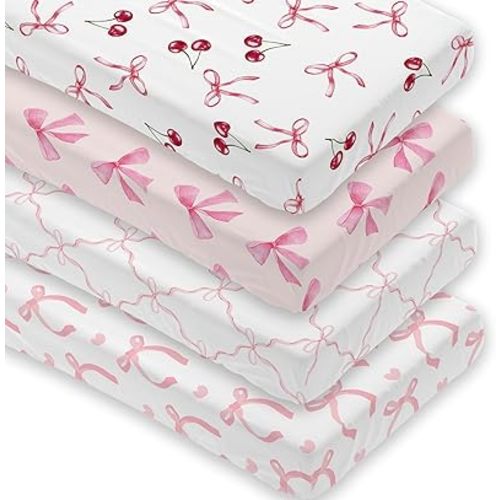 4 Pack Pink Bow Crib Sheet Set for Baby Girl, Soft Breathable Fitted Crib Sheet 28 x 52 in, Nursery Decor for Standard Crib and Toddler Bed Mattresses