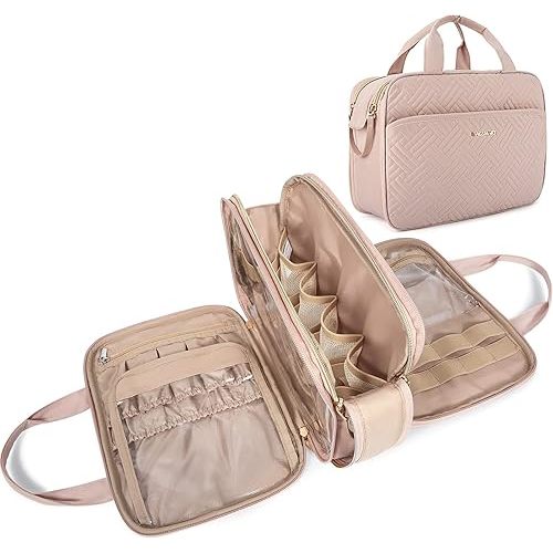 BAGSMART Toiletry Bag for Women, Large Toiletry Bag Water-resistant Makeup Cosmetic Organizer Bag Door Room Essentials for Accessories, Shampoo, Full Sized Container, Toiletries (Medium, Pink)
