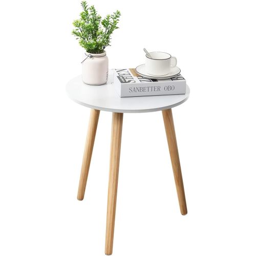 Apicizon Round Side Table, White Bedside Table Coffee End Table for Bedroom, Living Room, Small Spaces, Easy Assembly Nightstands with Natural Wood Legs, 16.5 x 20.5 Inches
