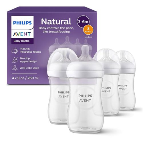 Philips Avent Natural Baby Bottles with Natural Response Nipples (Medium Flow, Flow 3), 9oz, 4-Pack, SCY903/04