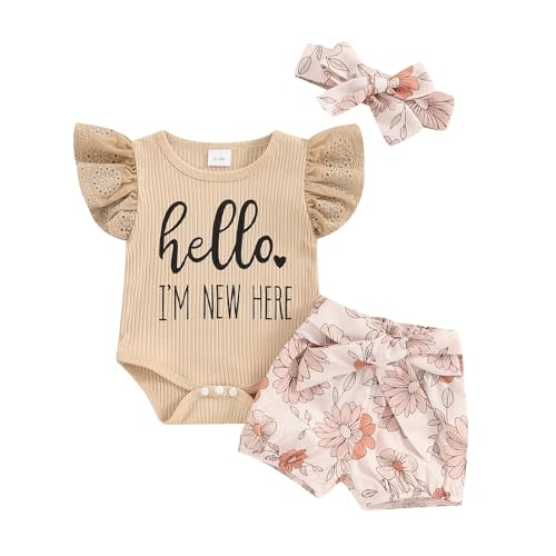 Newborn Baby Girl Auntie Outfits Auntie's Bestie Short Sleeve Ribbed Romper Floral Shorts Clothes with Headband
