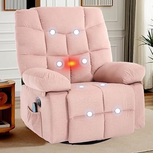 KCQ Overstuffed Swivel Rocker Recliner Chairs with Massage and Heat for Adults Comfortable Fabric Manual Reclining Rocking Glider Chairs, Pink