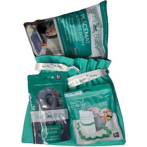 Busy Baby Gift Set - Includes 1 Busy Baby Mat 1 - Bottle Bungee 1- Teething Spoon and 4 Universal Bungee Straps in a Gift Bag, Keeps Baby Essentials Within Reach (Pewter)