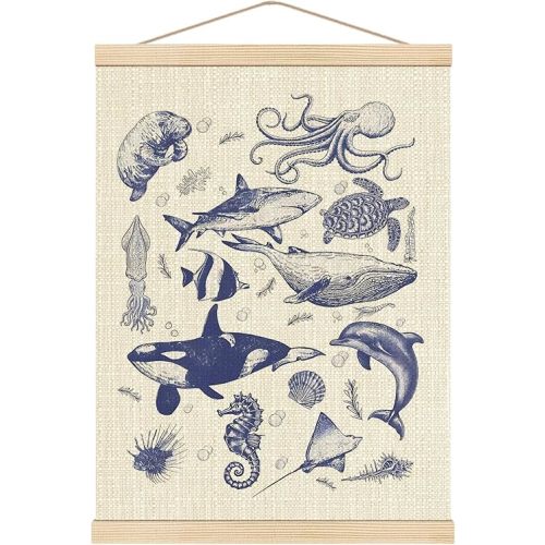 Boat Wades Sea Animals Shark Poster Hanger Frame For Nursery Classroom,Watercolor Rustic Ocean Animal Wooden Poster Hangers 12x16 Inch, Sea Life Kid Teen Room Bedroom Wall Art Decor