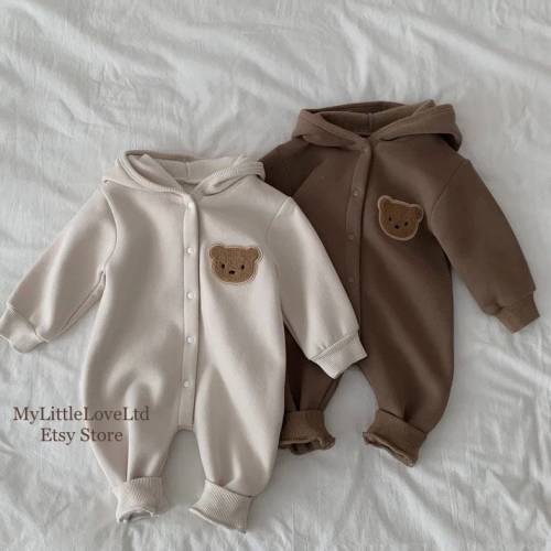 baby hooded teddy bear onsie, newborn baby pramsuit, winter all in one, unisex baby romper, baby snowsuit, baby shower, 1st birthday gift