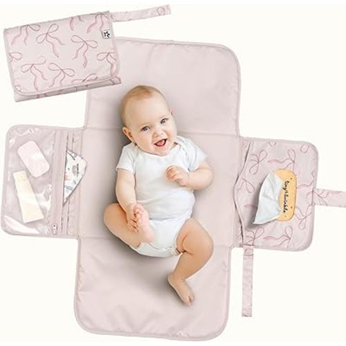Tiny Twinkle Portable Diaper Changing Pad | Waterproof, Wipeable & Compact Baby Changing Pad for Travel | Smart Wipes Pocket & Organized Storage| Newborn Shower Gift (Bows)