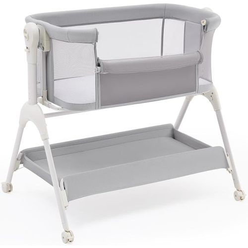 HARPPA Cuddly Baby Bassinet Bedside Sleeper, 3 in 1 Rocking Bassinet with Mattress and Soft Cover, Full Mesh Sides, 5 Height Adjustable with Wheels for Newborns, Beige